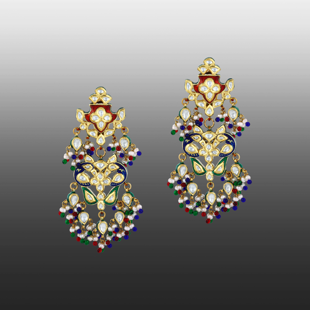 Polki Earrings with Multicoloured Enamel, Beads and Pearls